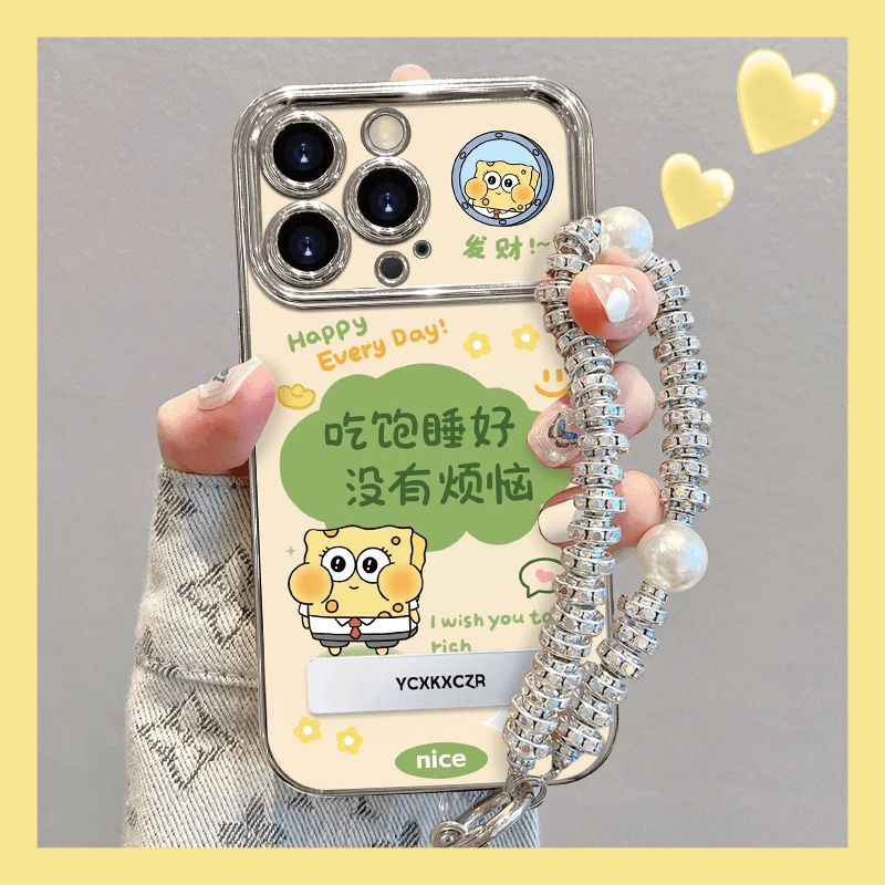 海绵宝宝适用苹果17pro手机壳iPhone17新款16大视窗校园X支架手链