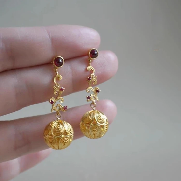 铜合金耳饰 「圆润」耳钉新中式黄金色花丝耳环高级精致古风耳饰款