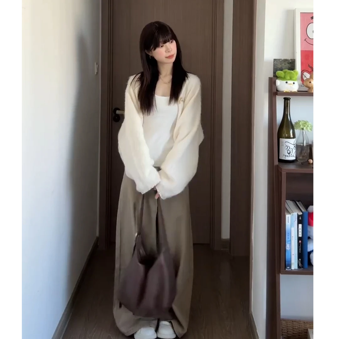 “悸动轨迹”羊毛针织衫蝙蝠袖大廓形毛衣开衫外套阔腿裤套装X11363