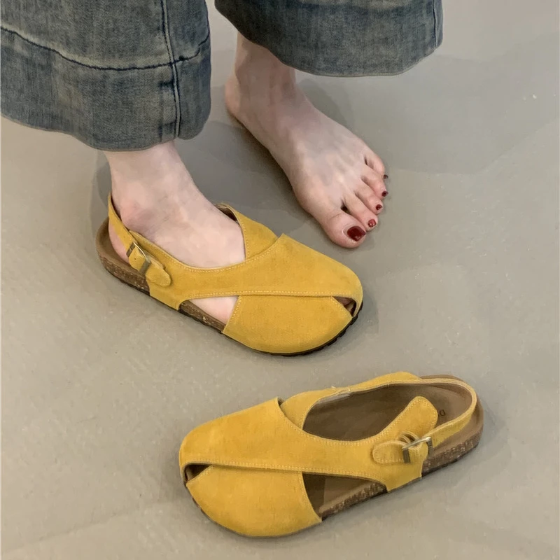 韩菲DPX-Q7788-2复古包头凉鞋女2025年磨砂交叉厚底一脚蹬勃肯鞋