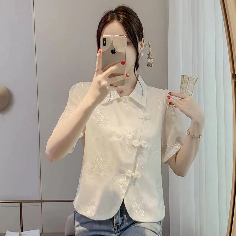 WW国风刺绣三如意扣衬衫 f064