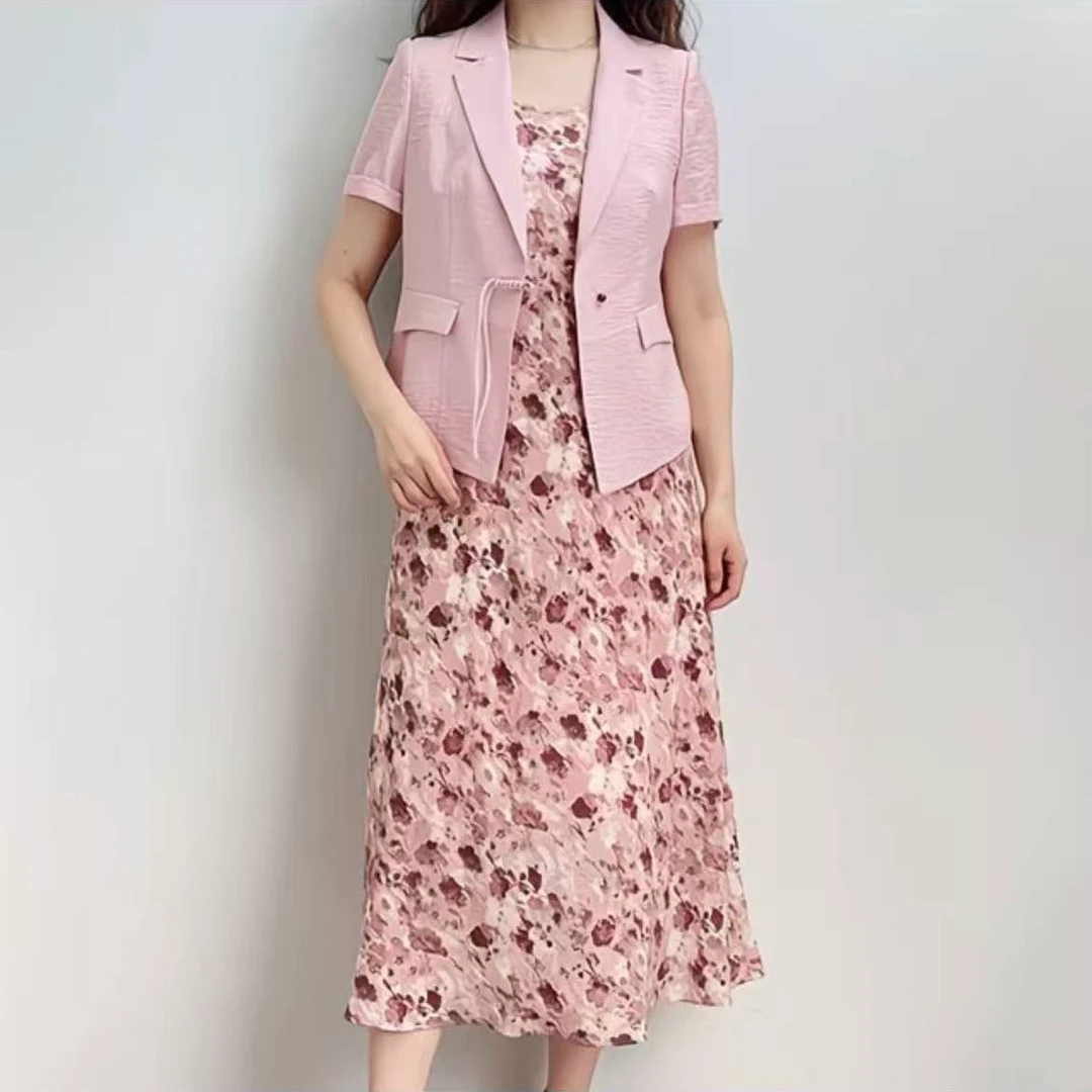 F915 小香风纽扣短款碎花休闲风短袖连衣裙女装时尚套装