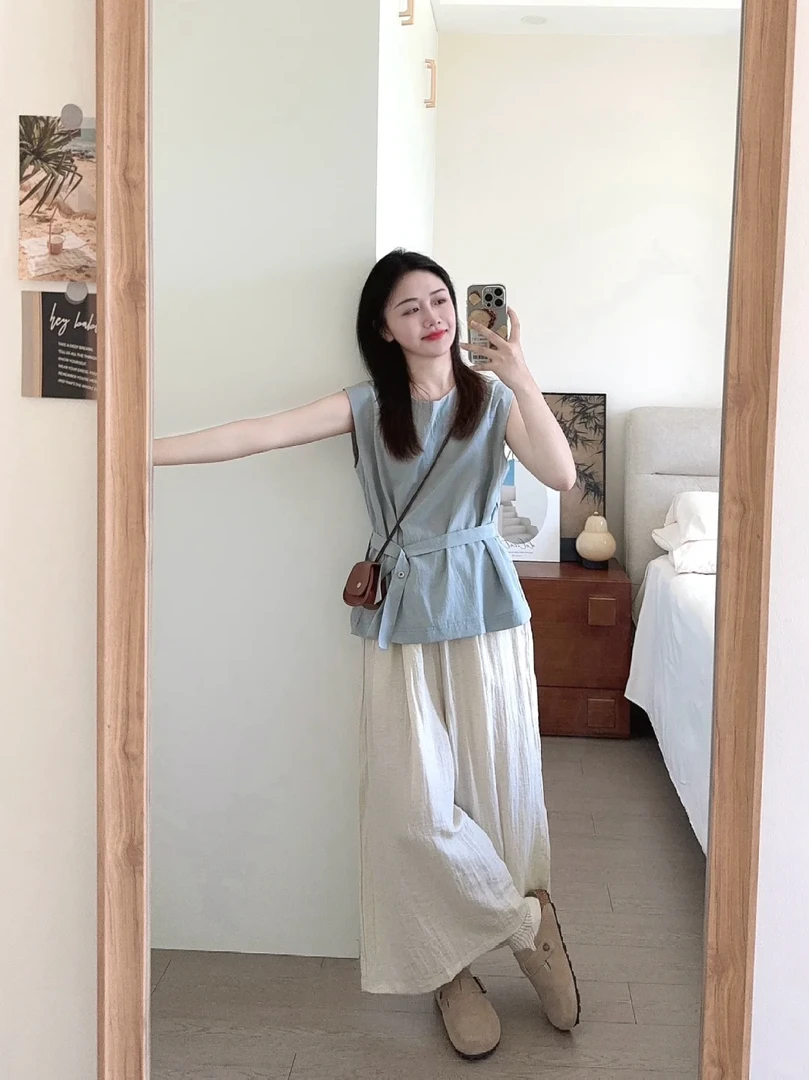 大方得体穿搭一整套2025夏季新款无袖收腰上衣阔腿裤洋气两件套女