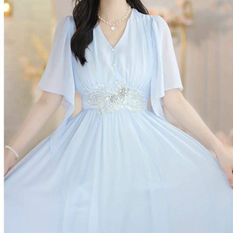 58185#高级感重工钉钻超仙连衣裙2025新款气质收腰A字大摆长裙夏