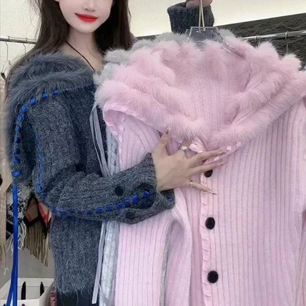 秋季新款超好看毛茸茸拼接连帽粉色针织外套百搭休闲宽松气质长袖