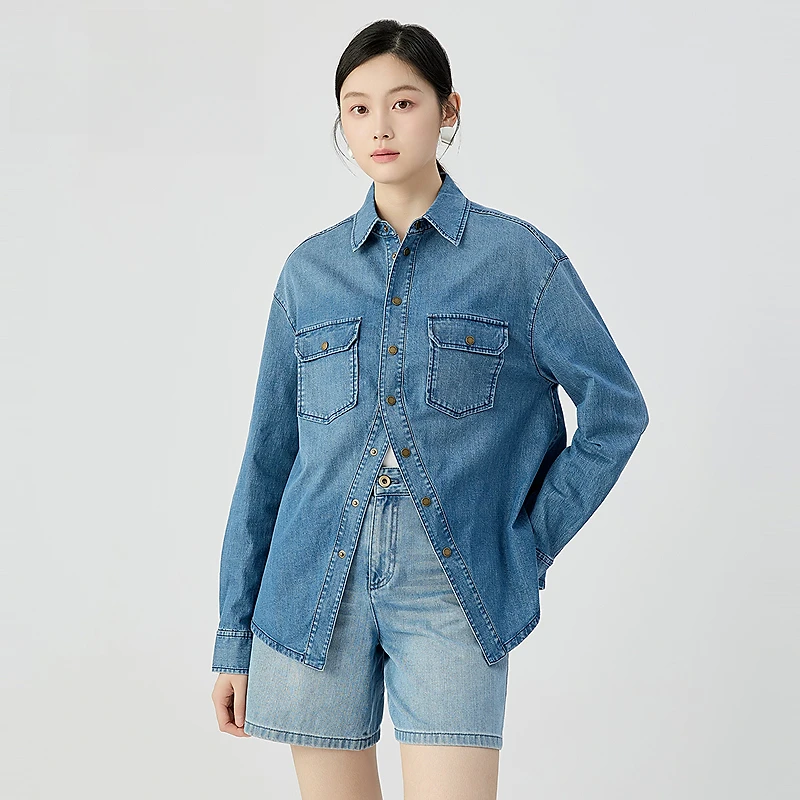 哥弟 新款女装时尚简约经典百搭舒适通勤收腰造型牛仔衬衫1300614