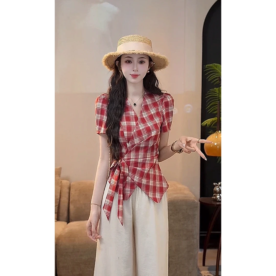 大码雾蓝海岸夏季复古小众设计感蓝色格子衬衫加裤子套装