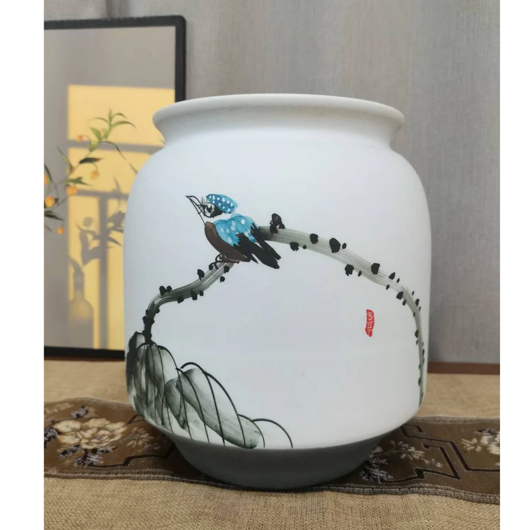 中国风古典手绘荷花鸟清韵陶瓷花盆