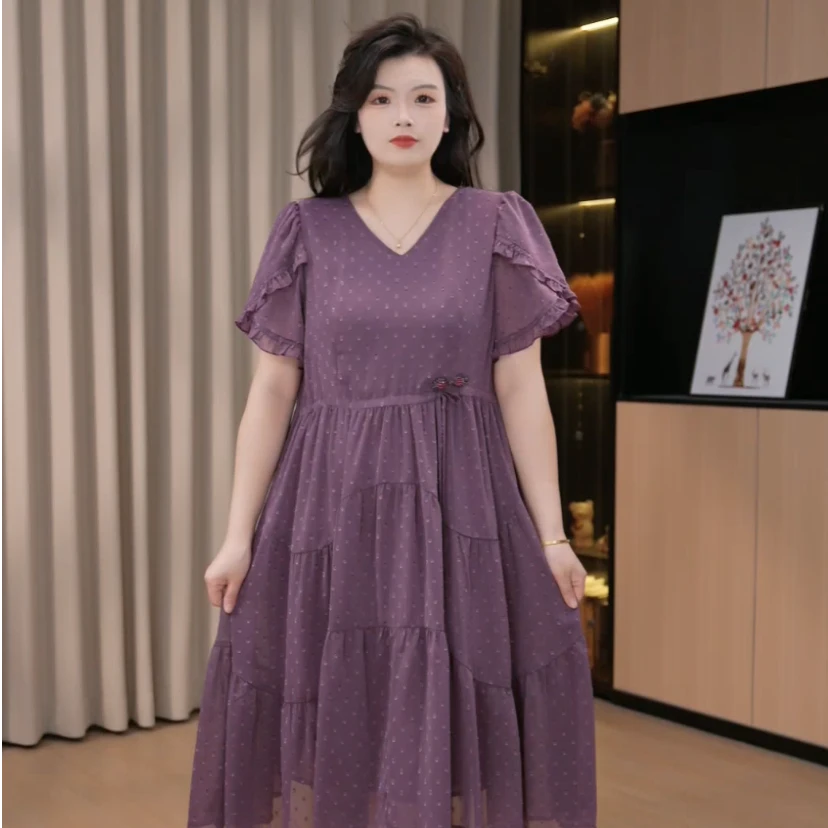 胖依依大码女士女装新款高端高档夏季时尚遮肚子V领宽松250861