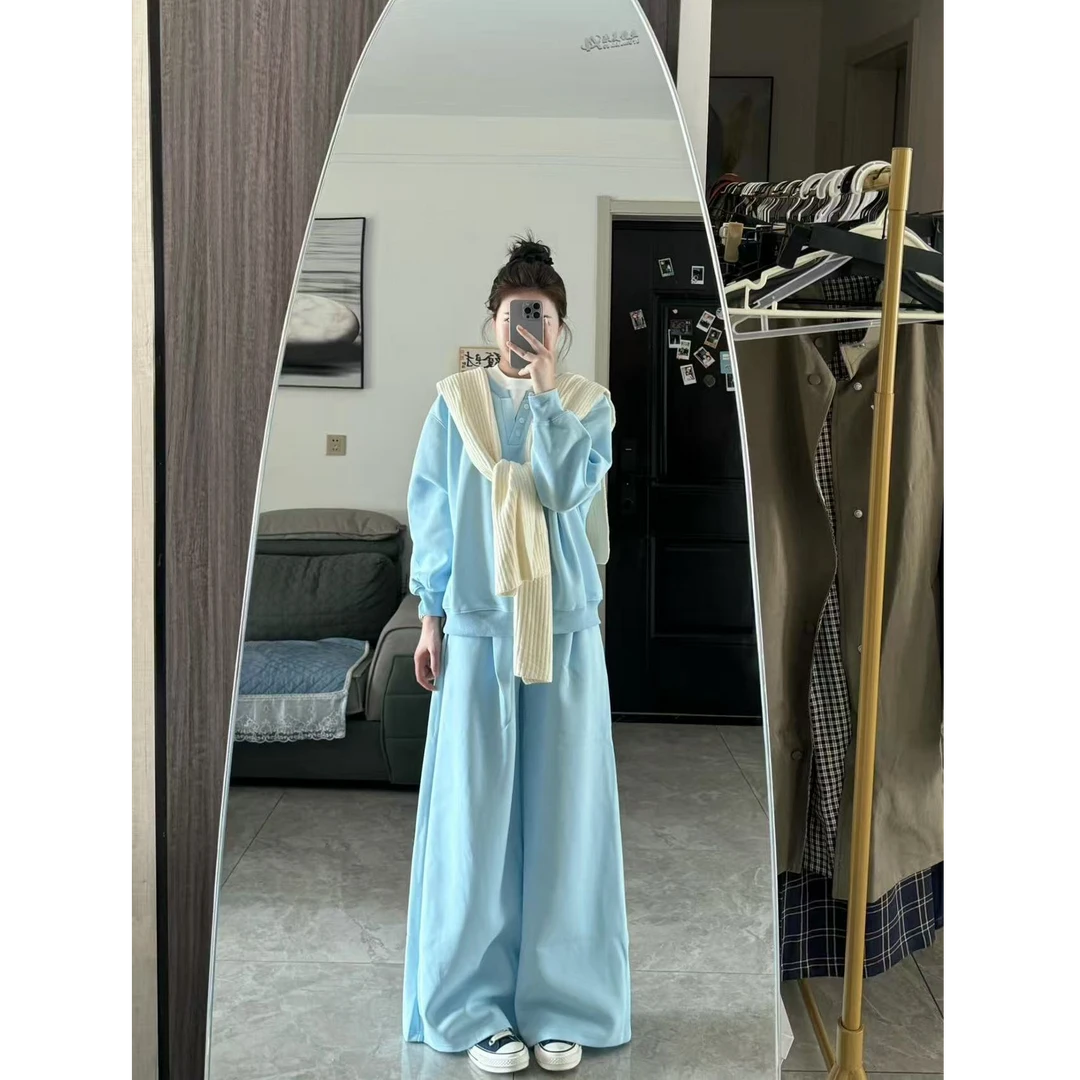 蓝色长袖卫衣女2025早秋新款慵懒风宽松休闲百搭套头上衣三件套装