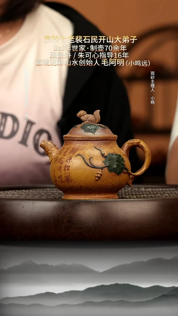 茶壶紫砂26 毛家蜜蜡黄段柴烧潘壶松鼠葡萄220c