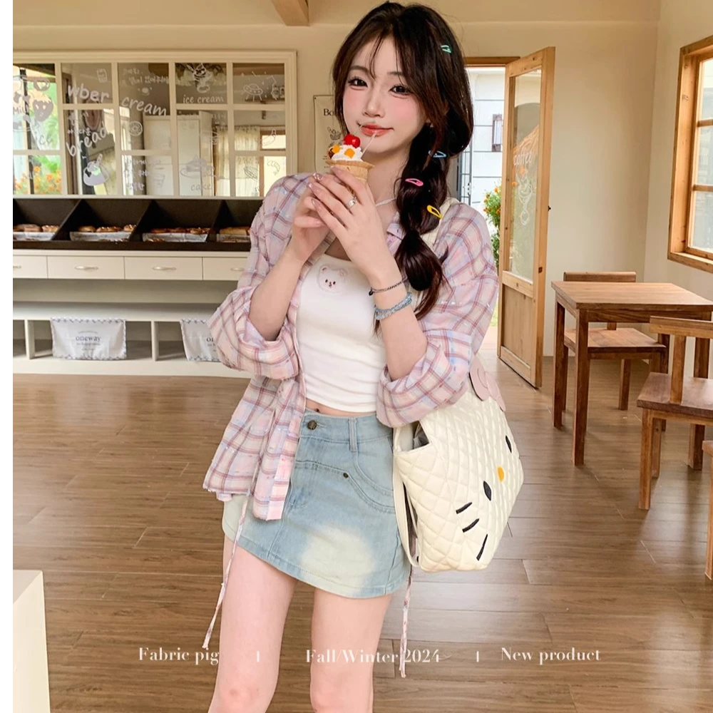 潮流多巴胺甜美粉色格子衬衫女防晒衬衣宽松休闲遮肉长袖上衣通勤