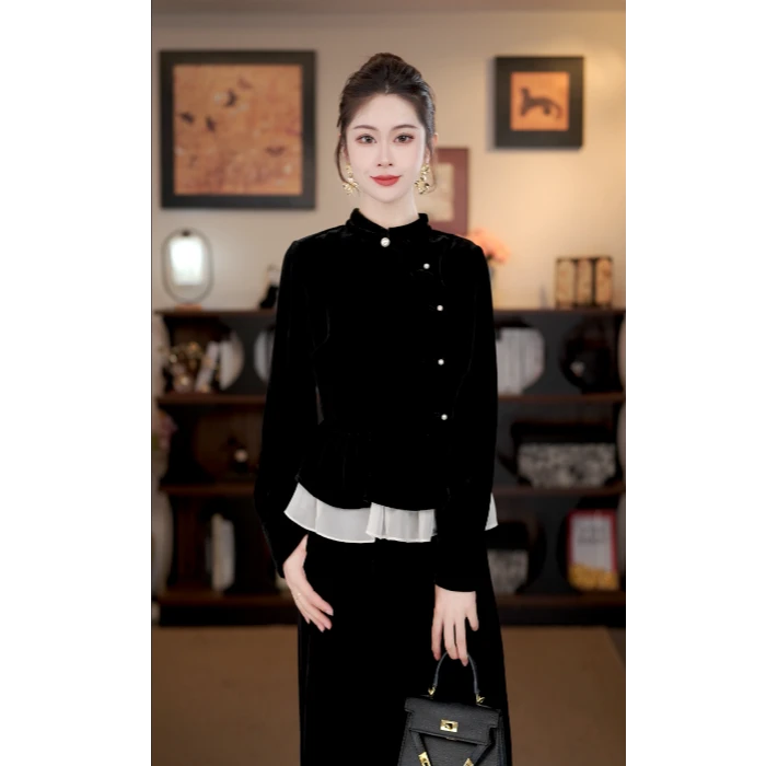 【花月】满分桑蚕丝丝绒上衣女秋假两件新中式国风小衫G8738