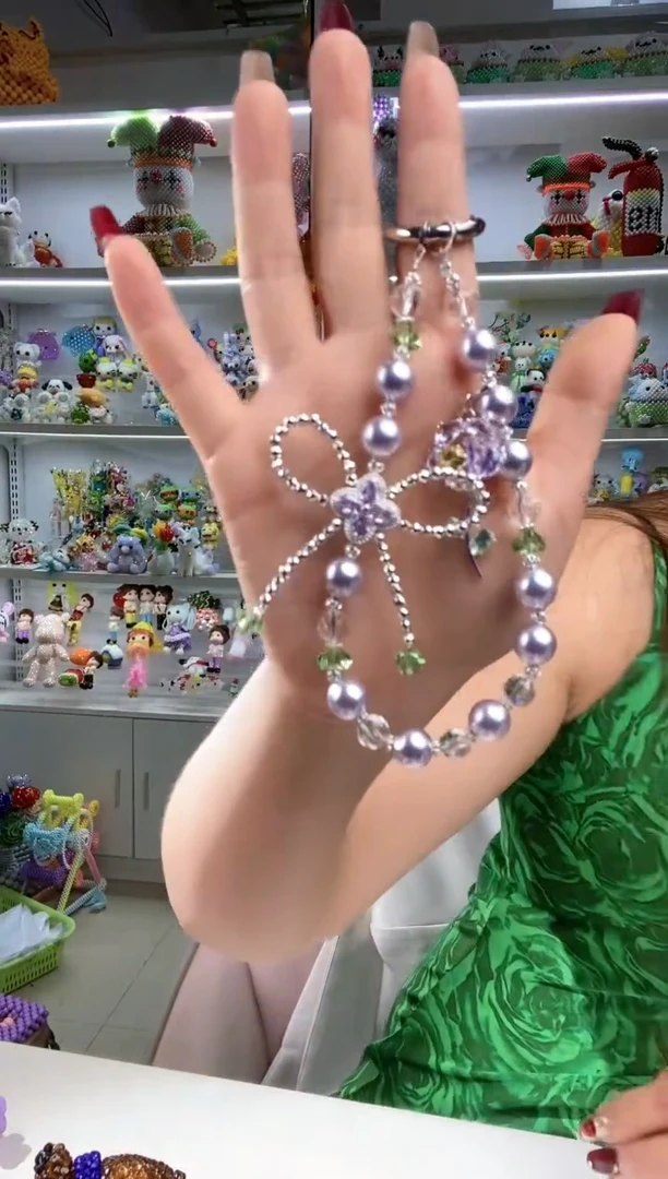 玻璃2522-S12珍珠玫瑰蝴蝶结手机链材料包