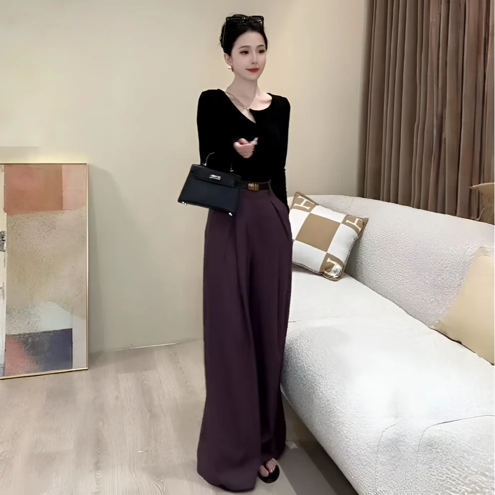 时尚套装女短袖夏季新款洋气设计感长袖T恤上衣紫色西装裤两件套