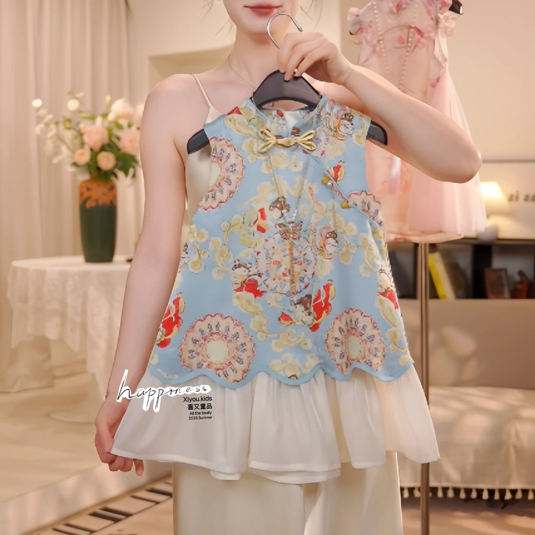 【敦煌飞天】夏季新款女童新中式国风提花无袖背心裙女孩拼接连衣裙