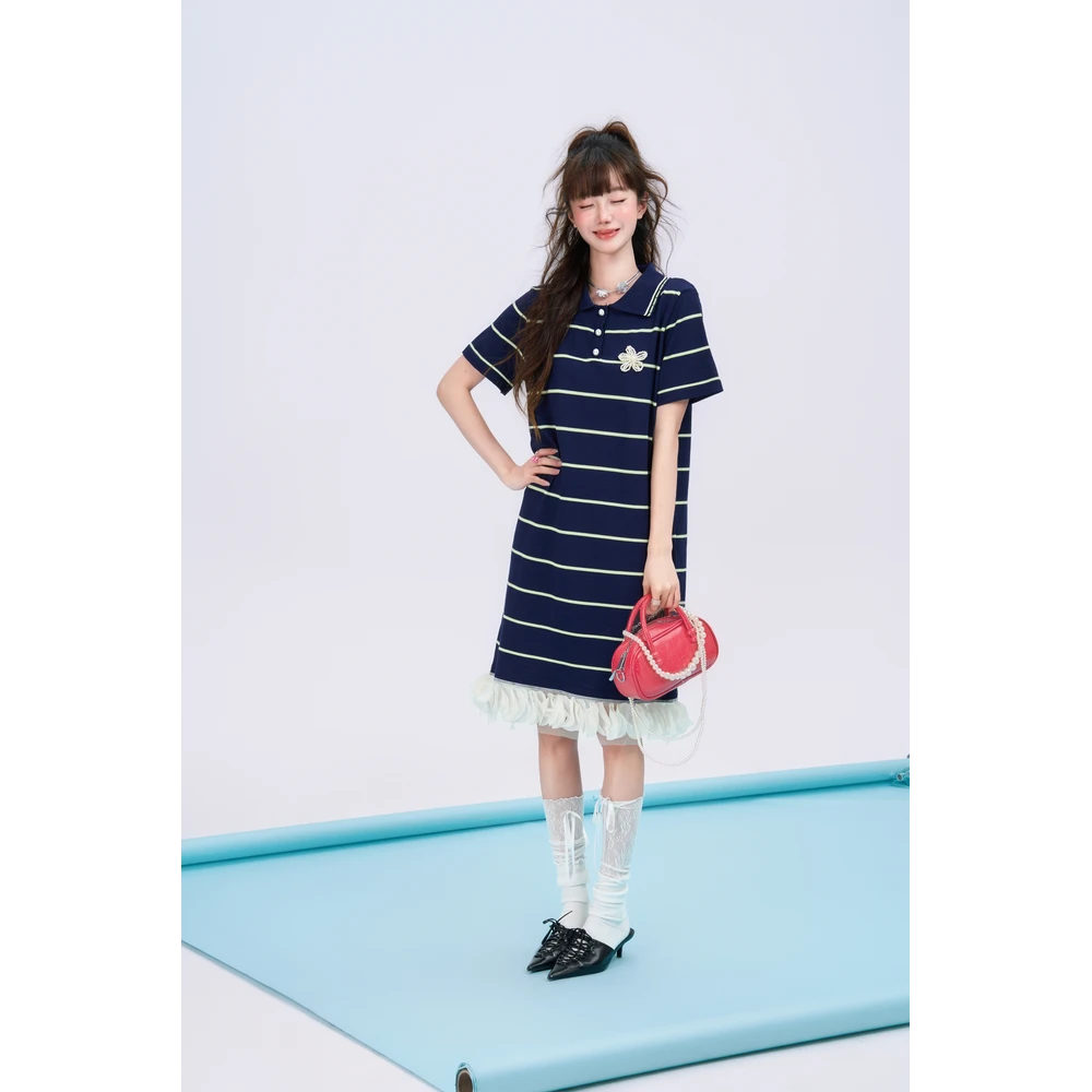 DUBZZY【格林童话】原创复古条纹宽松polo领毛织连衣裙女M221S25Z