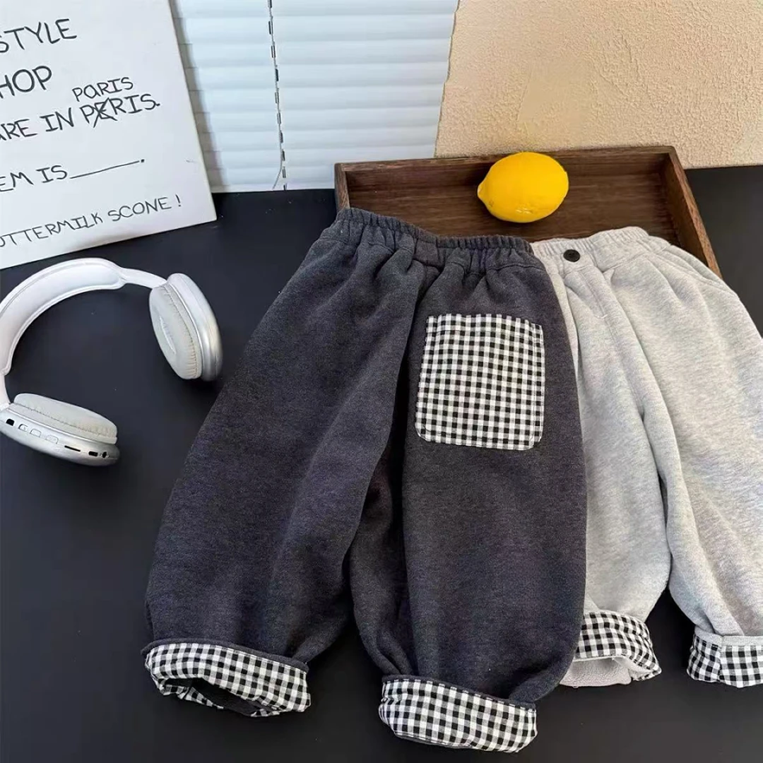 儿童加绒裤子2025新款冬季男童洋气格子翻边休闲裤中小童加厚长裤
