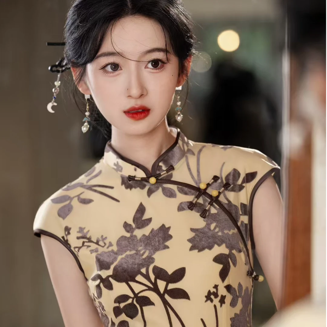 植绒复古旗袍女新款改良年轻夏季气质中式中国修身日常长款连衣裙