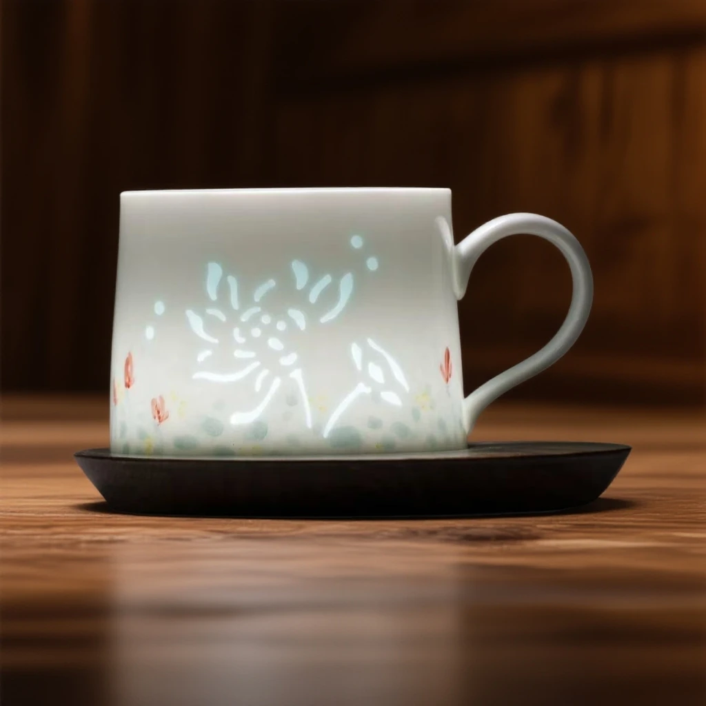 文创礼品定制-聚器堂玲珑手绘玉荷咖啡杯