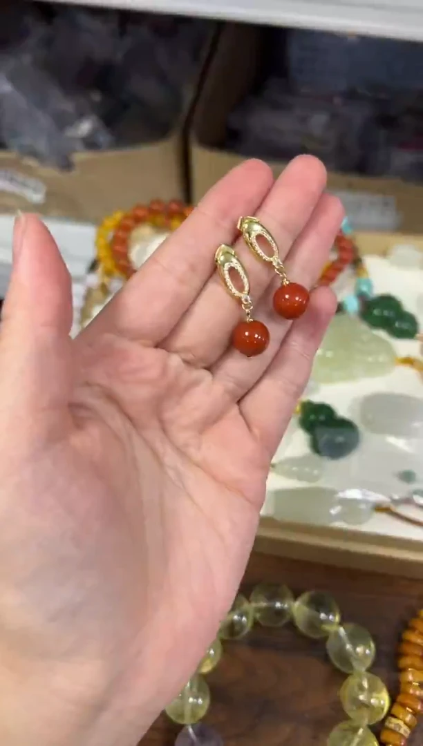 银S925镶嵌南红玛瑙耳饰孤品南红玛瑙银针镶嵌款耳钉[2573]