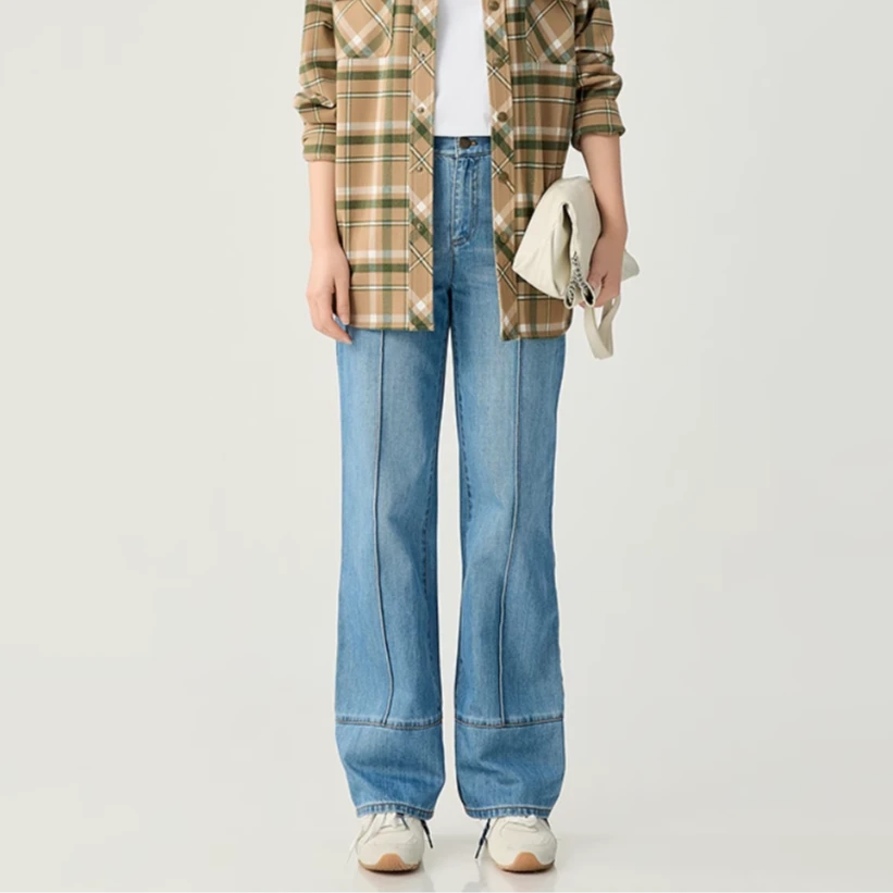 GIRDEAR/哥弟显瘦时尚高腰裤边剪接设计直筒牛仔裤110001