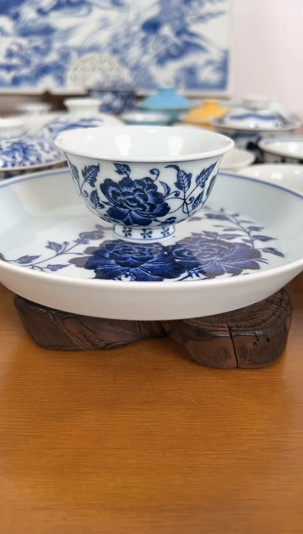 【闪购商品】照夜白青花牡丹主人杯加壶承