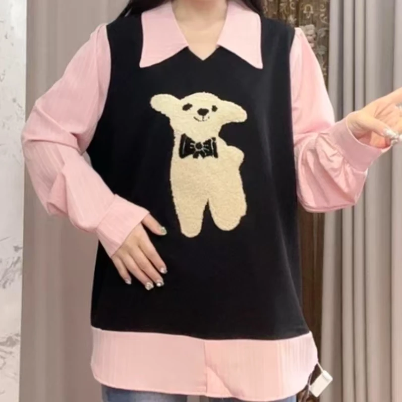 大码女装女胖mm显瘦洋气假两件拼接背心长袖衬衫上衣