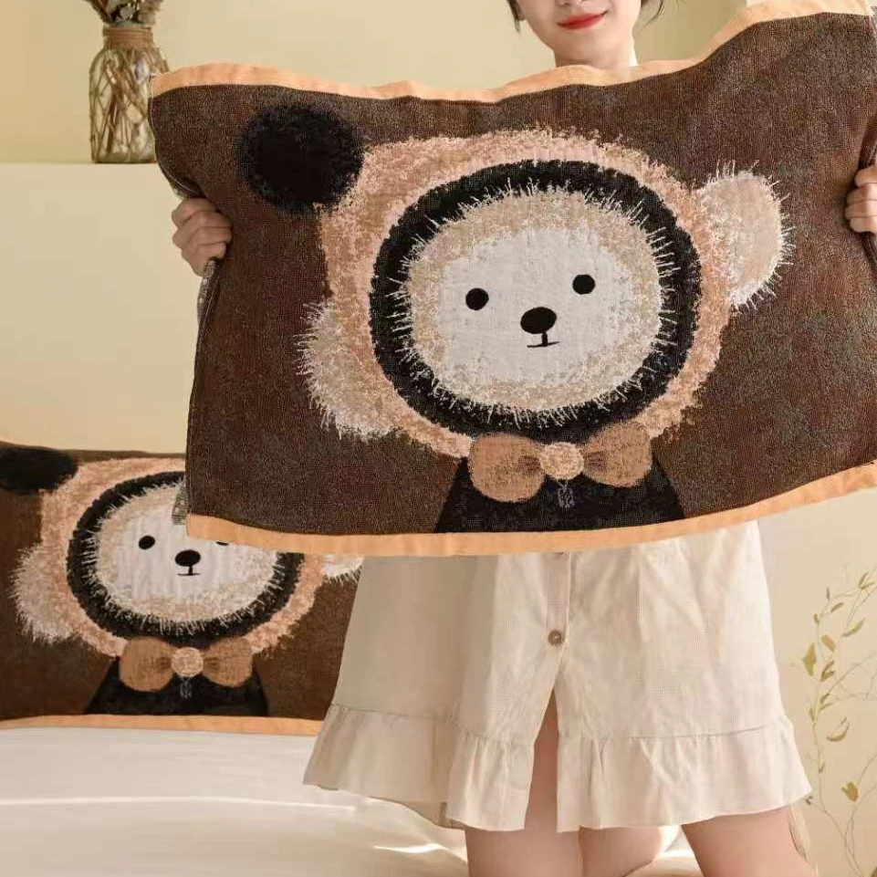 WY【小毛球·枕巾一对】52*78cm高档国潮卡通加厚咖色纯棉纱布枕巾