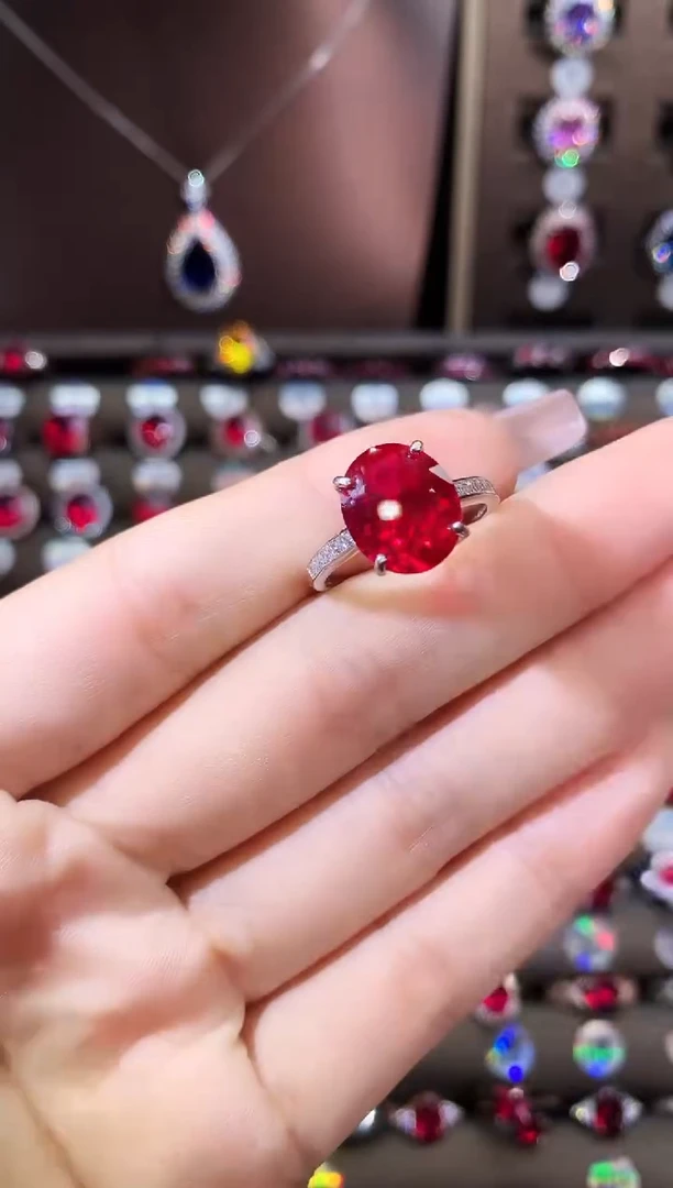 无925银鸽血红色戒指