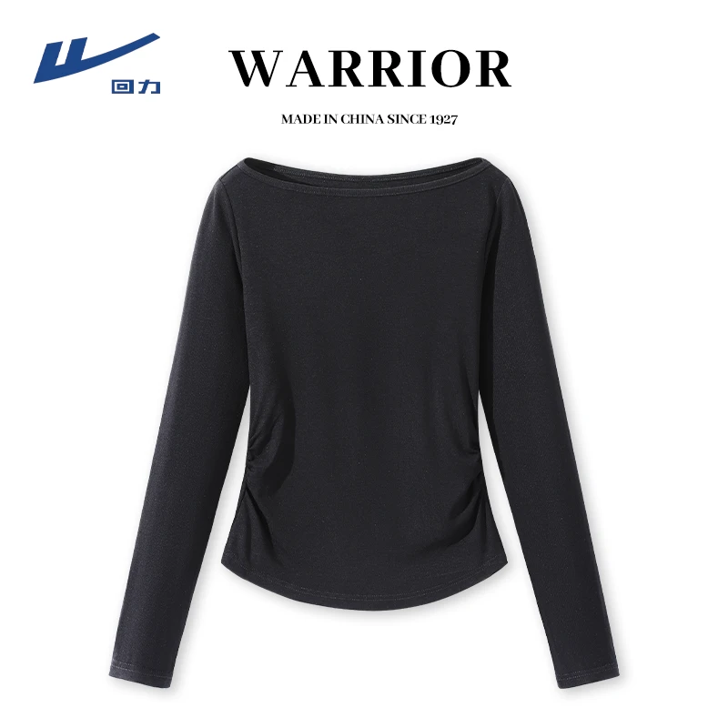 回力一字领修身黑色打底衫女2026新款内搭设计感长袖T恤斜肩上衣