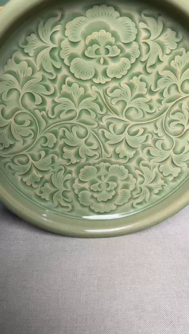 【闪购商品】其他纯手工秘色交织牡丹卷沿壶承赏盘