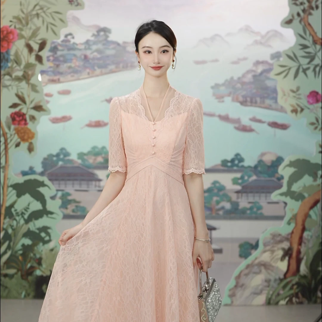 SUSSI/古色【粉色魅影】腰节贴条短袖蕾丝法式收腰连衣裙