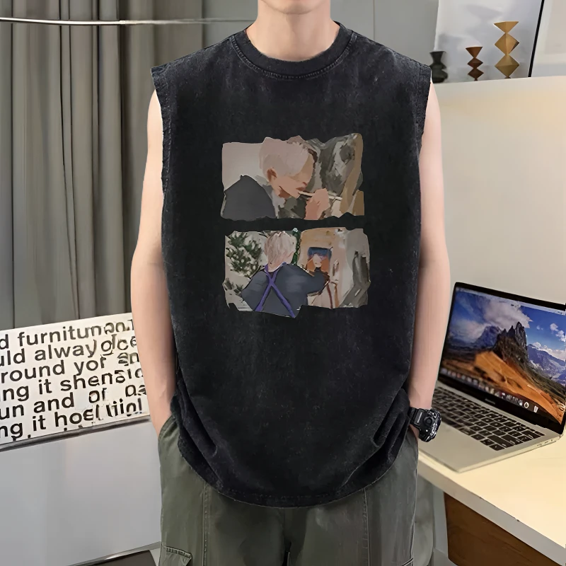 男生背心夏季休闲外穿网红美式潮牌无袖纯棉健身篮球坎肩t恤上衣