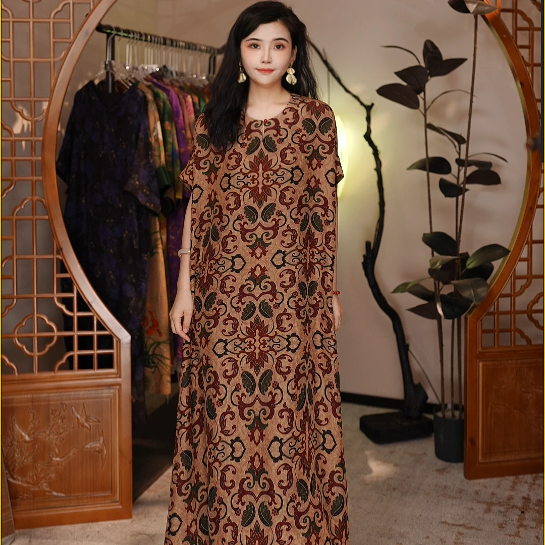 妈妈装印花连衣裙女士夏季新款宽松气质大花裙0188香云纱连衣裙