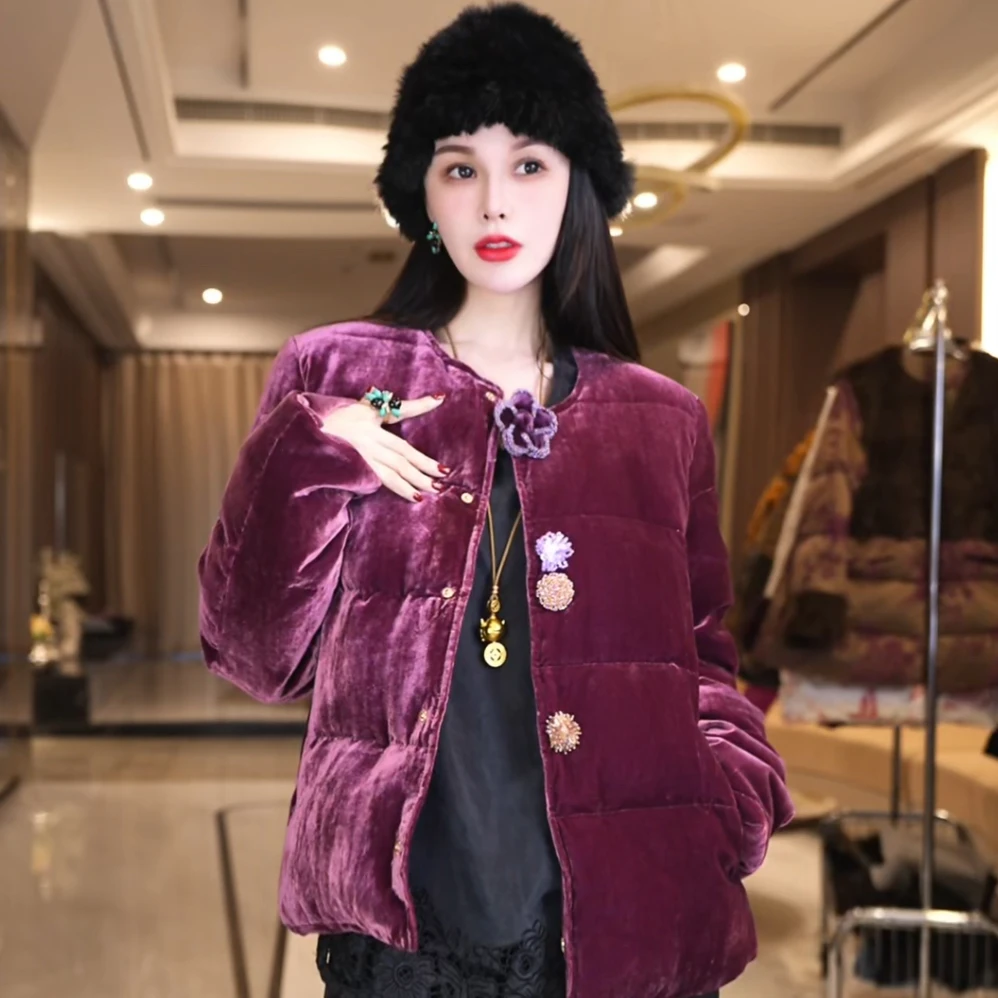 飞儿【丰绒花缀】2025款桑蚕丝白鸭绒羽绒外套