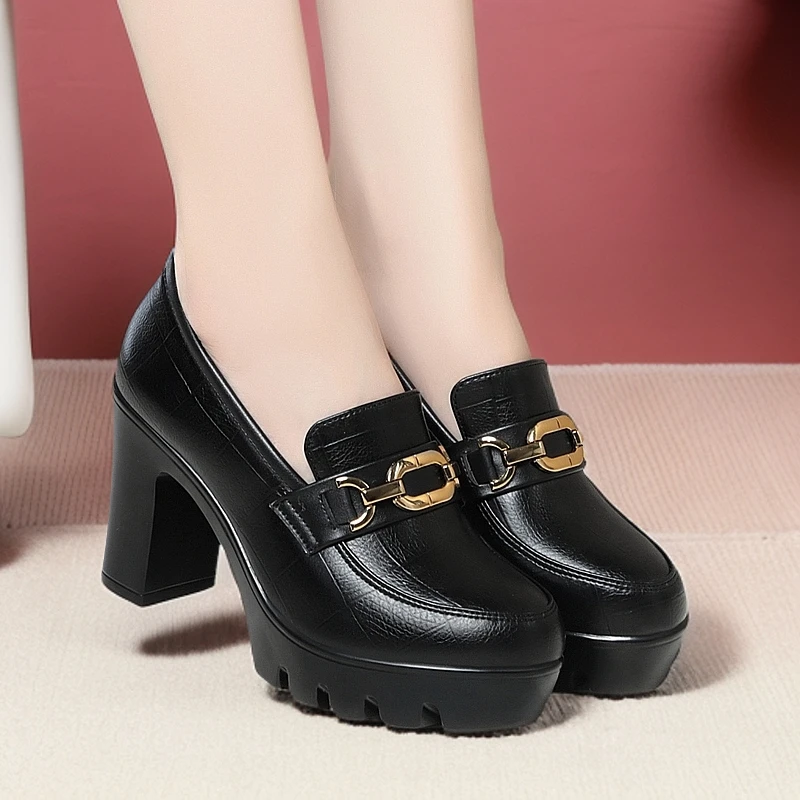 春秋高跟乐福鞋防水台圆头粗跟女士皮鞋深口单鞋厚底旗袍高跟女鞋