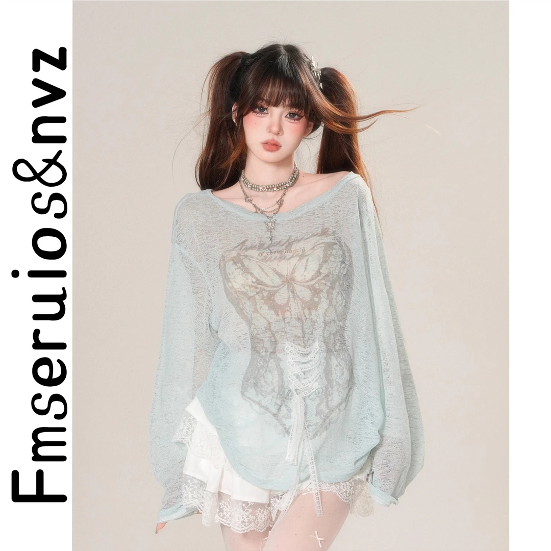 芙慕kellyKitty拾梦漫海微透蕾丝T恤防晒罩衫女夏季宽松显瘦上衣