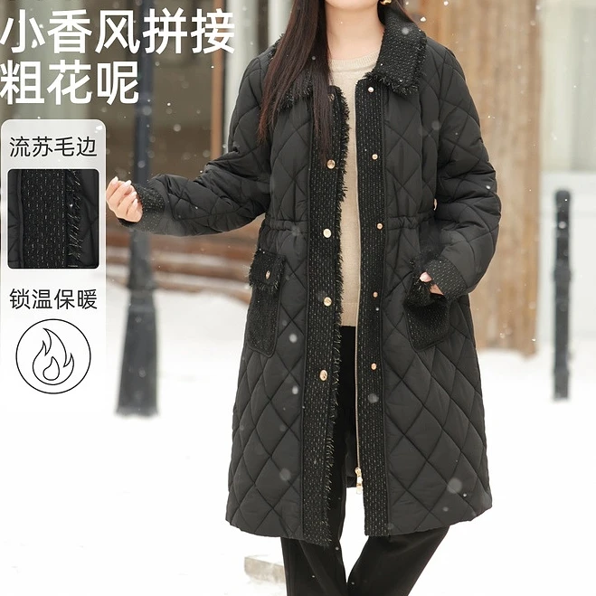 【小香风拼接粗花呢中长款棉服】MsShe大码女装冬季外套S~B2412010