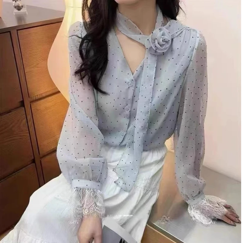 秋季新款韩版设计感波点印花长袖挂脖衬衫百搭休闲气质上衣衬衣女