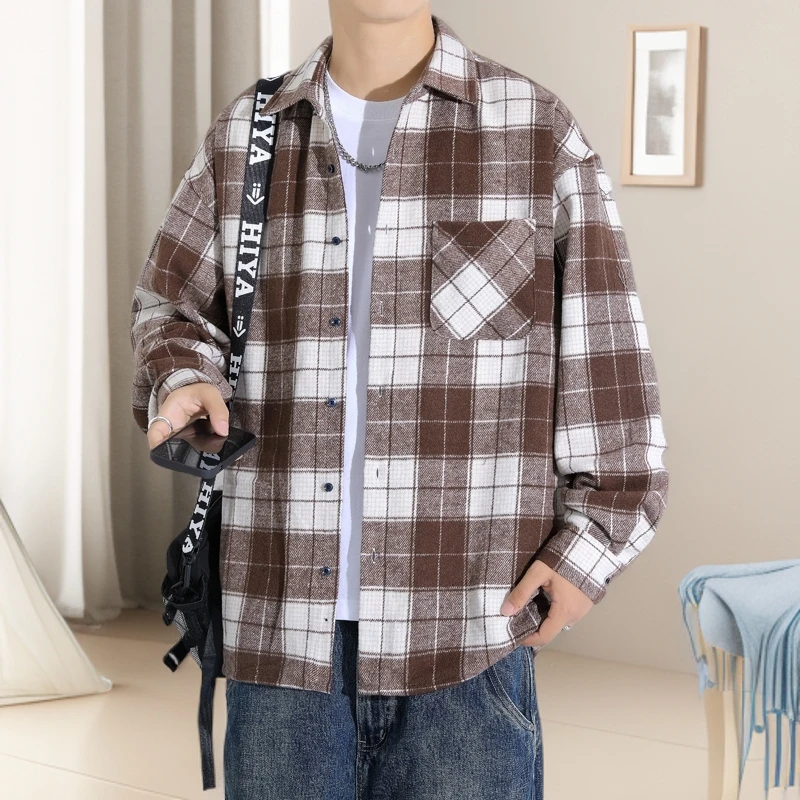 港风衬衫男款撞色复古休闲衬衣简约外套时尚潮流舒适长袖秋冬打底