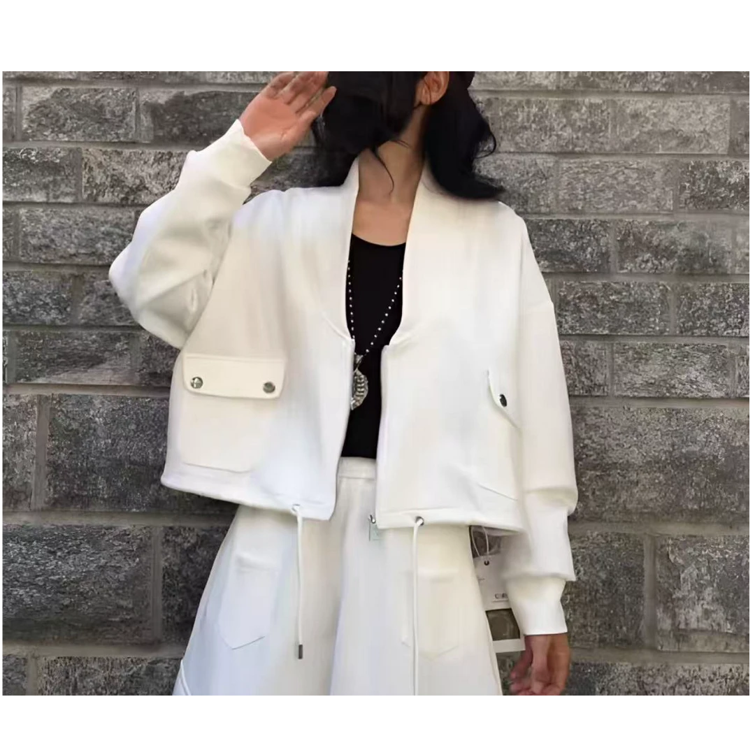 早秋新款百搭落肩V领卫衣抽绳开衫外套