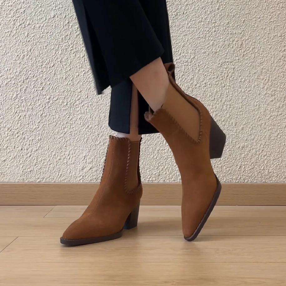 RubyL/6cm小个子复古英伦风百搭绒面一脚蹬尖头粗高跟短靴女款