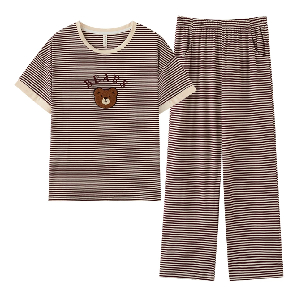 夏天睡衣女款纯棉条纹短袖圆领家居服薄款夏季可外穿卡通小熊套装