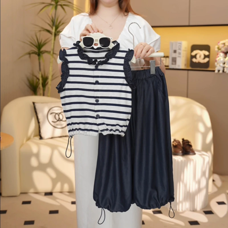 【糖宝魔豆】女童夏季牛仔套装2025新款百搭条纹背心女孩速干牛仔裤