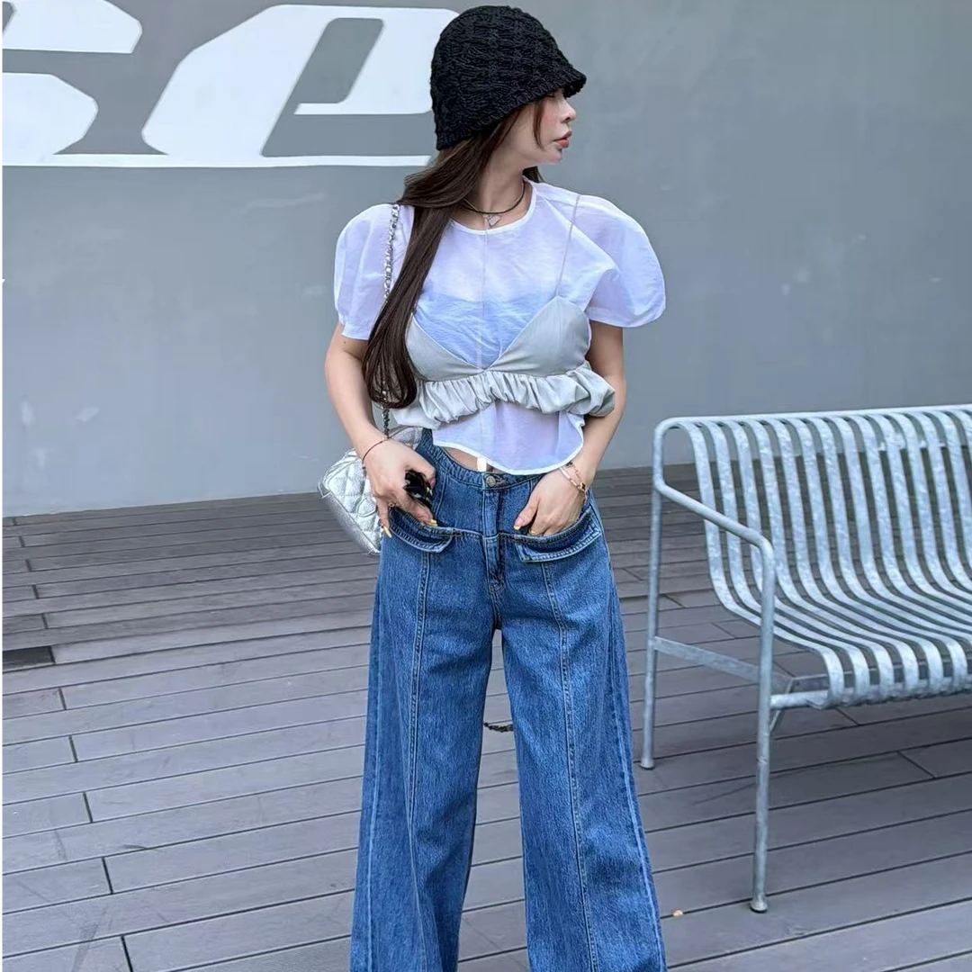 【YKL】牛仔计划  夏季新款洋气显瘦水洗蓝压线牛仔长裤