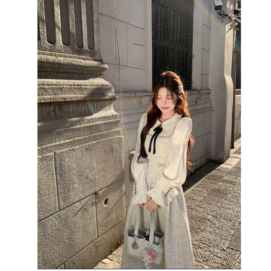 【雪松小调】秋季法式小香风假两件长裙收腰显瘦气质连衣裙