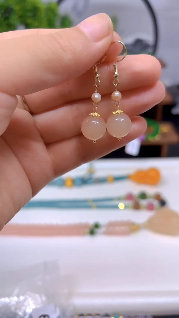 和田玉14K金镶嵌耳饰E816