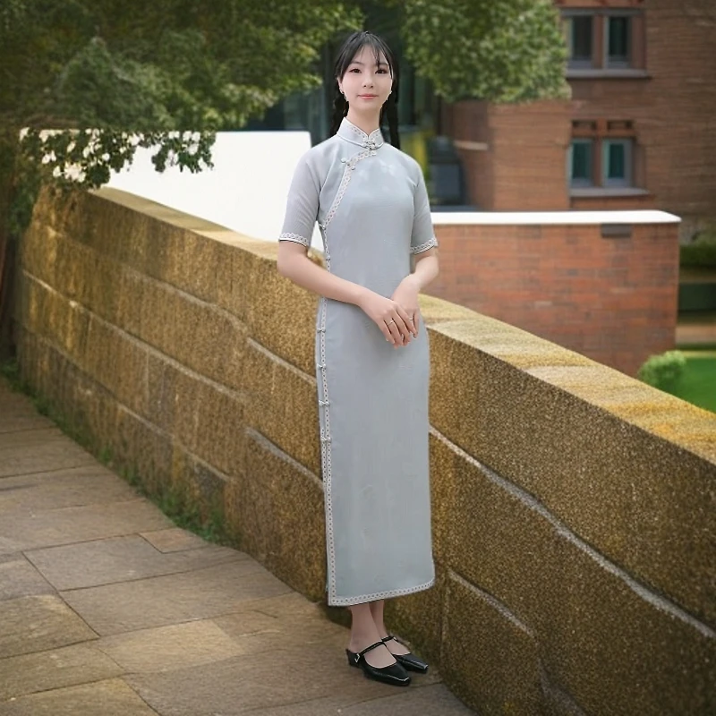 老上海传统国风中式旗袍碧纱青青非遗四经花罗古法一片式旗袍