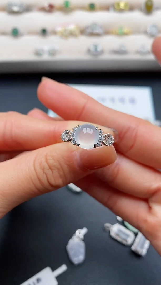 银S925镶嵌戒指翡翠缅甸天然A货翡翠33  6-7